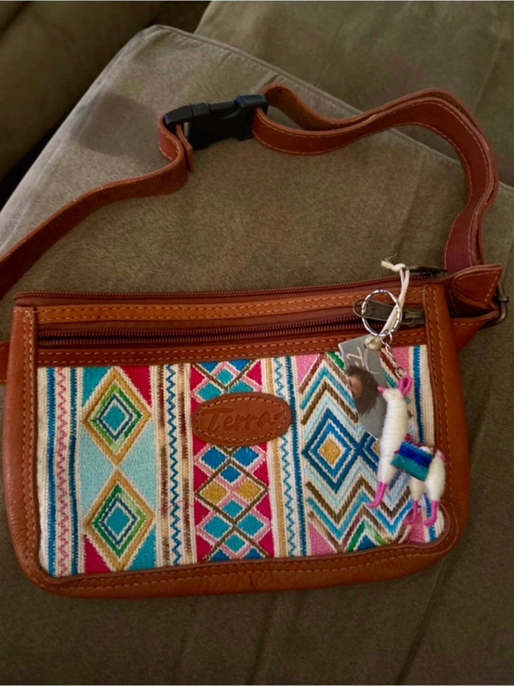 Terra Brown Leather-Trim Multicolor Embroidered Crossbody Bag
